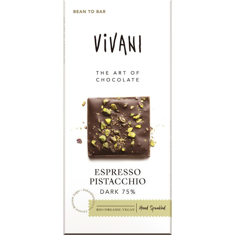 Vivani Espresso pistacchio dark 75%  (80 gram)
[mwwsrc:6bbeb0b5297641e358d390c5c0cfee58cd83ab2b.jpg]