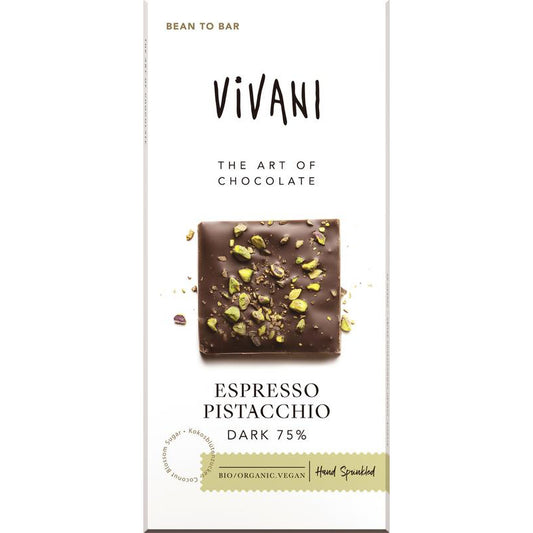 Vivani Espresso pistacchio dark 75%  (80 gram)
[mwwsrc:6bbeb0b5297641e358d390c5c0cfee58cd83ab2b.jpg]