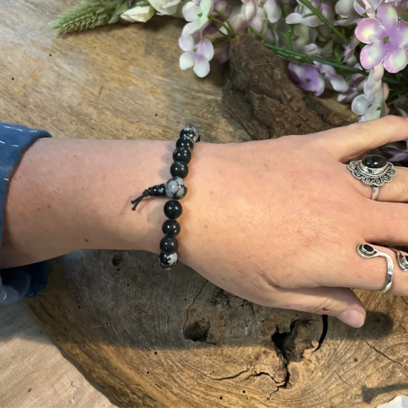 Obsidiaan sneeuwvlok powerbead armband